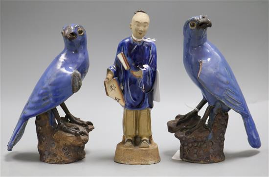 A pair of Chinese blue glazed figures of hawks and a similer figure